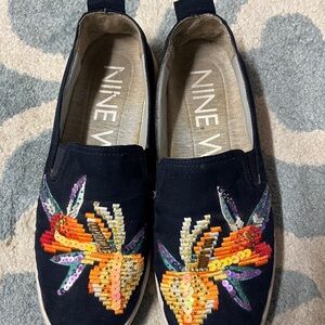 Nine West Navy Sequin Embroidered Loafers
